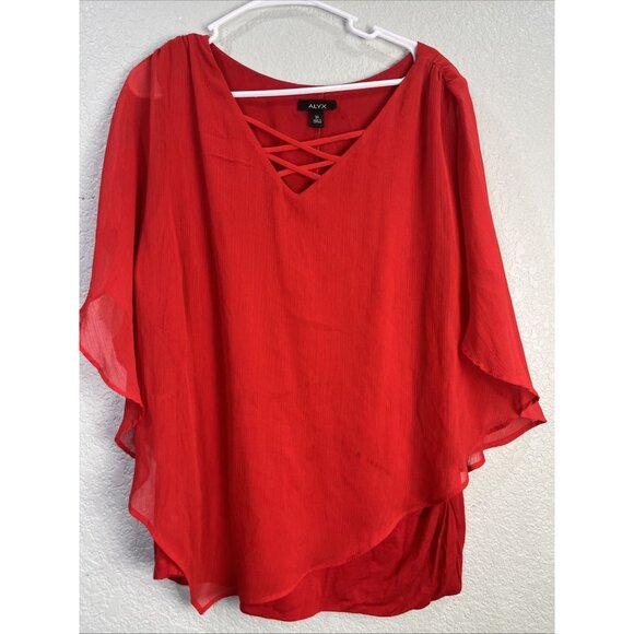 Alyx Top Womens 3X Red Poncho Chiffon Gauze Flutter Sleeve Overlay Assymetrical - Picture 1 of 8